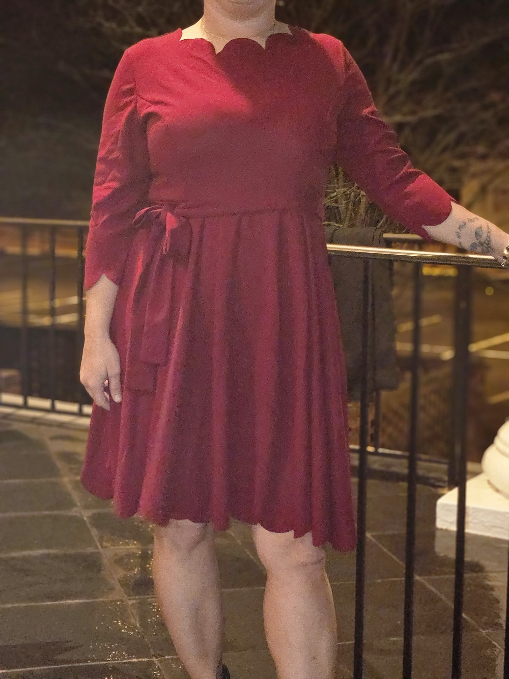 SHEIN Wine Scallop Neck Fit & Flare Long Sleeve Dress
